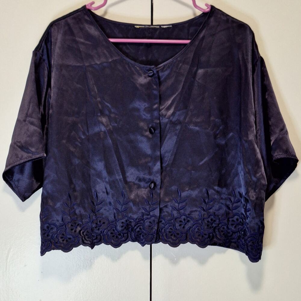 Victoria Secret Gold Label Satin Button Down Top Short Sleeve Navy Indigo